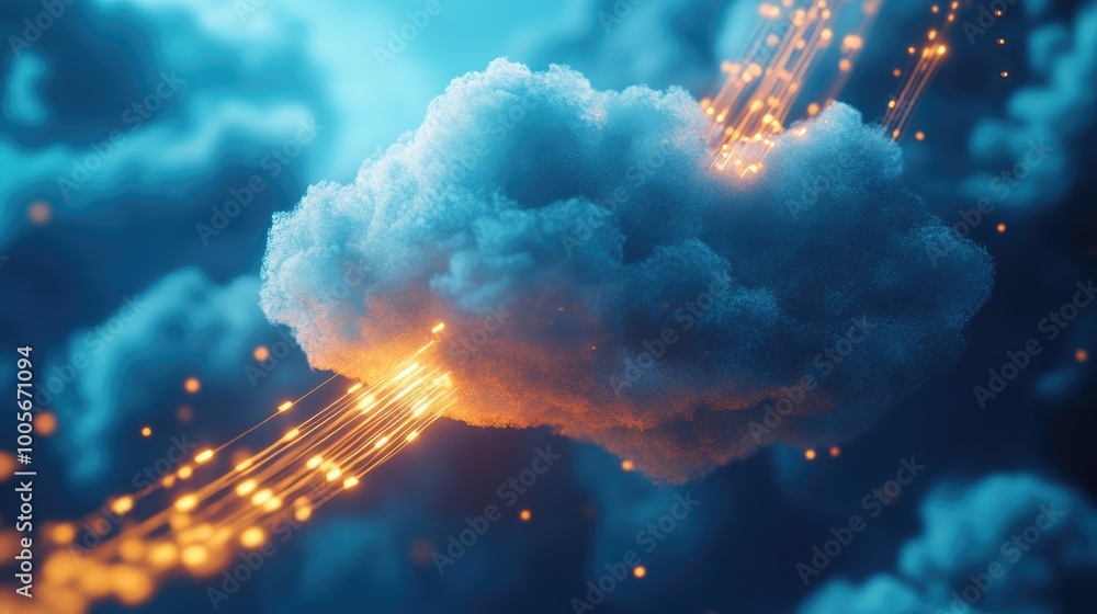 Aufkleber abstract cloud connected by a glowing network cable, representing data transfer in a digital environ