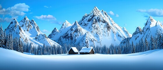 Majestic Winter Wonderland with Christmas Cabins Surrounded by Snow-Covered Trees, Peaceful Landscape with Copy Space for Text
