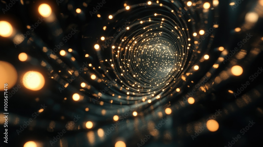 Poster abstract scene with swirling light bulbs, creating a sense of continuous motion against a pitch-blac