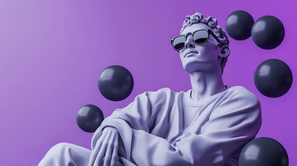 A 3D render of a Greek human sculpture wearing sunglasses and modern clothes, surrounded by a black bubble, set against a purple background with copy space.
