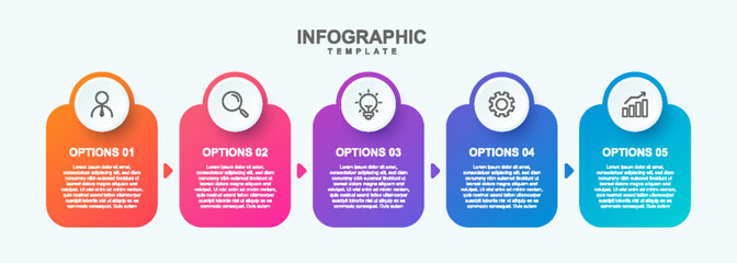 Five Step Infographic design element template for presentation. info graphic illustration. process diagram and presentations step, banner, flow chart, 5 option template. © Baqibillah