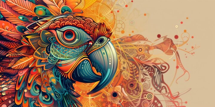 A stunning abstract illustration of a parrot featuring intricate patterns and vibrant colors, set against a beige background.