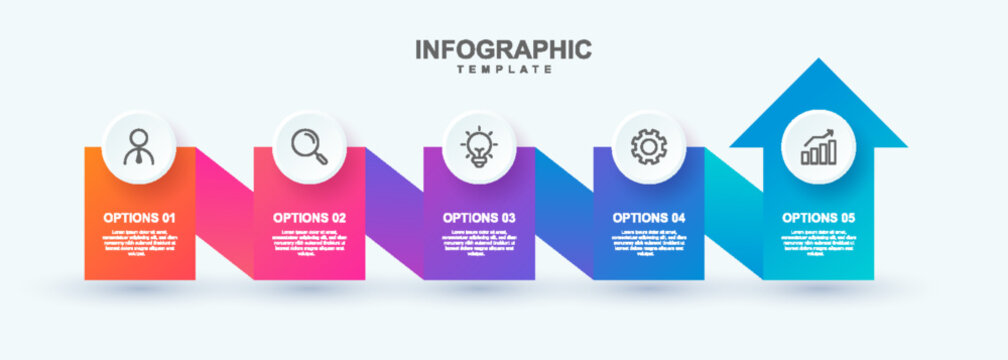 Design template for vector infographic labels with icons and 5 steps to illustrate a business process. Suitable for presentations, reports, marketing materials, and internal training.
