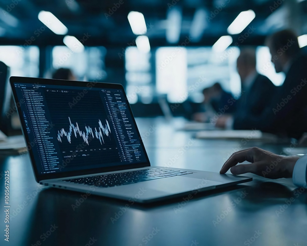 Poster a close-up of a laptop displaying data analytics in a modern office setting with a professional ambi