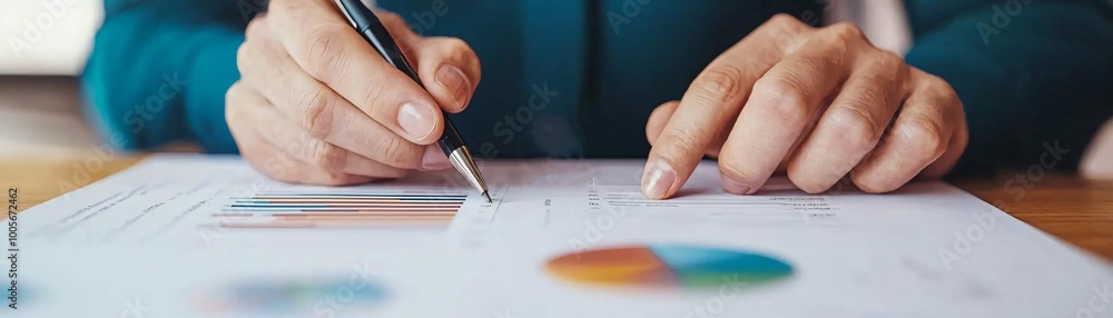 Aufkleber a close-up of hands analyzing business charts and graphs with a pen, symbolizing data research and f