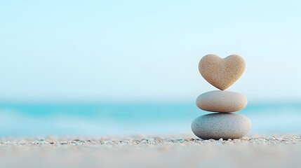 A tranquil scene featuring a minimalist arrangement of two heart shaped stones on a serene beach with gentle waves and a calming backdrop of the ocean  This image evokes a sense of harmony romance