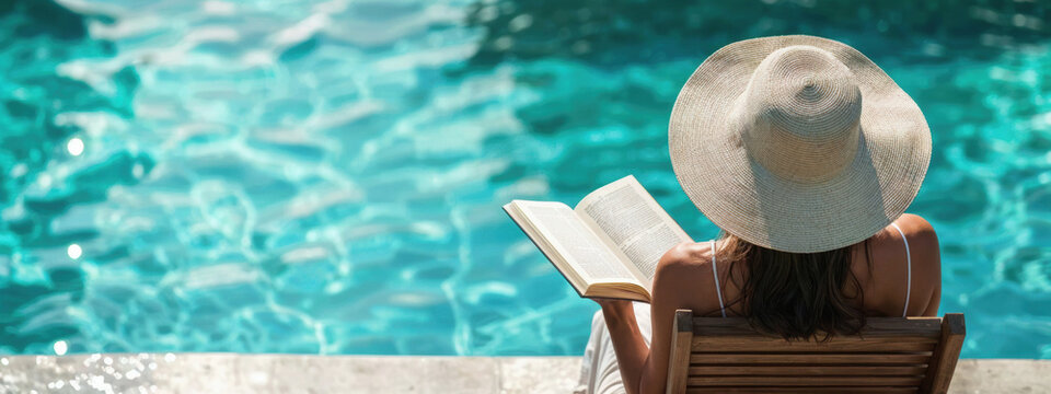 Woman relaxing with book by luxury swimming poolside