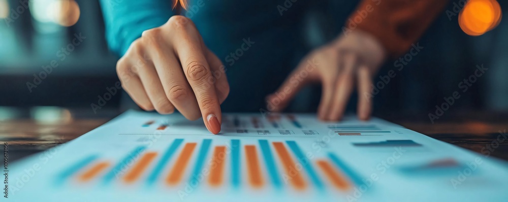 Poster a close-up view of a hand analyzing a colorful chart on paper for data insights and business strateg