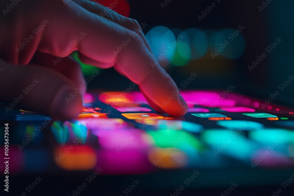 Poster a close-up view of a hand pressing colorful buttons on a modern device, showcasing vibrant lights an