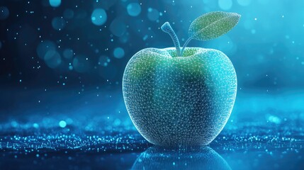 Apple fruit in a polygonal wireframe mesh, rendered in a futuristic style on a digital blue background.