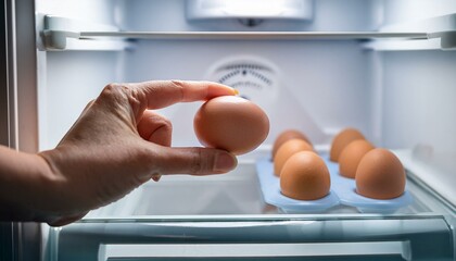 egg in a fridge, a person's hand removes an egg from the refrigerator to eat