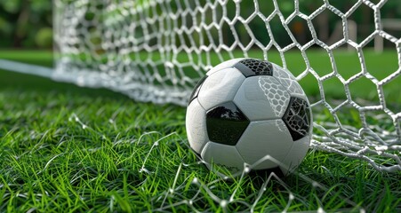 Soccer Ball Resting Against Goal Net on Grass