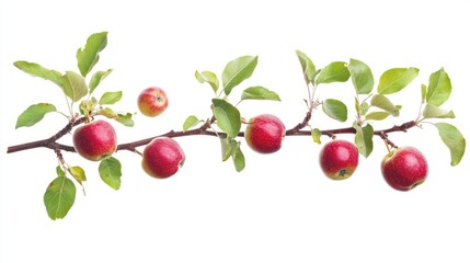 Apple tree branch bearing ripe red fruits with fresh green leaves, isolated on a white background