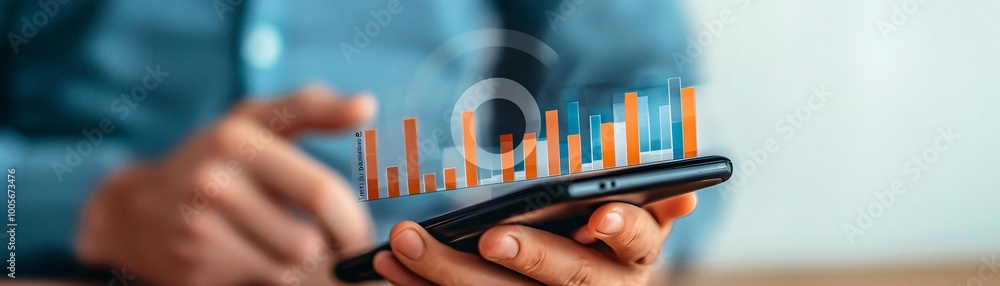 Poster a close-up view of a person using a smartphone displaying growth statistics with graphs and charts, 