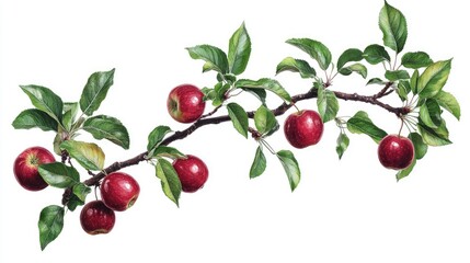 Apple tree branch with shiny red apples and lush green leaves, isolated on a clean white background