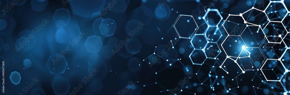 Poster Abstract Blue Background with White Hexagon Network and Bokeh Lights