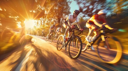 Cyclists speeding through a golden sunset on a road