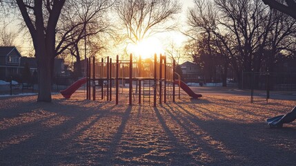 A playground at sunset with long shadows from the sun shining through the trees.