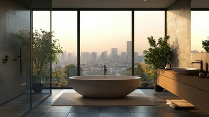 Fototapeta premium Bathtub-centered modern bathroom with expansive glass windows, raw materials, and a panoramic view of a city skyline.