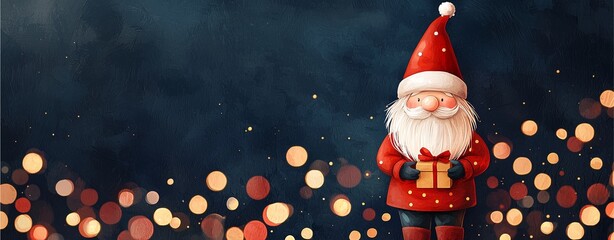 A cheerful Santa Claus figure holding a gift, surrounded by soft, colorful bokeh lights, evoking a festive holiday atmosphere.