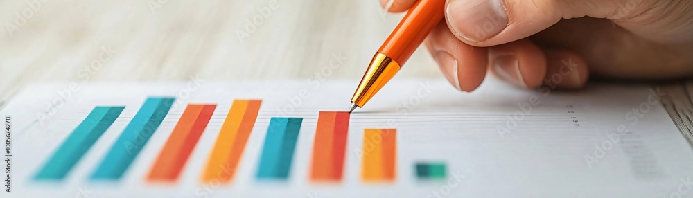 Poster a hand holding an orange pen, analyzing colorful bar graphs on a document, representing data analysi