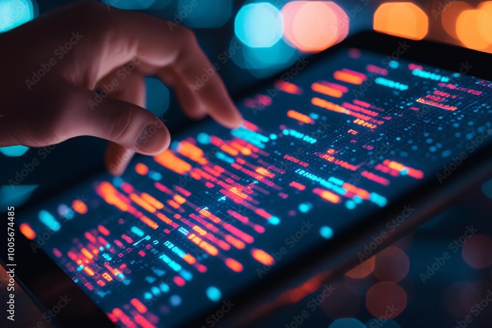 Poster a hand interacts with a tablet displaying vibrant data patterns in a futuristic, digital environment