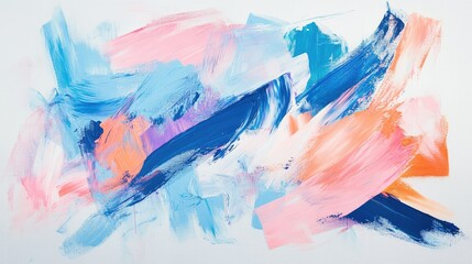 Blue, pink, and orange brushstrokes on a white canvas forming dynamic shapes. Energetic and creative composition.