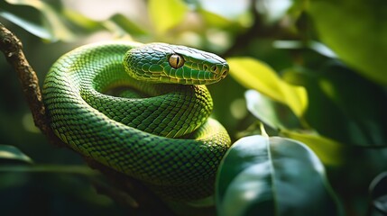 Fototapeta premium Green snake resting on leaves in natural habitat.