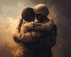A heartwarming embrace between a soldier and a loved one, symbolizing love, hope, and reunion amidst the backdrop of uncertainty.