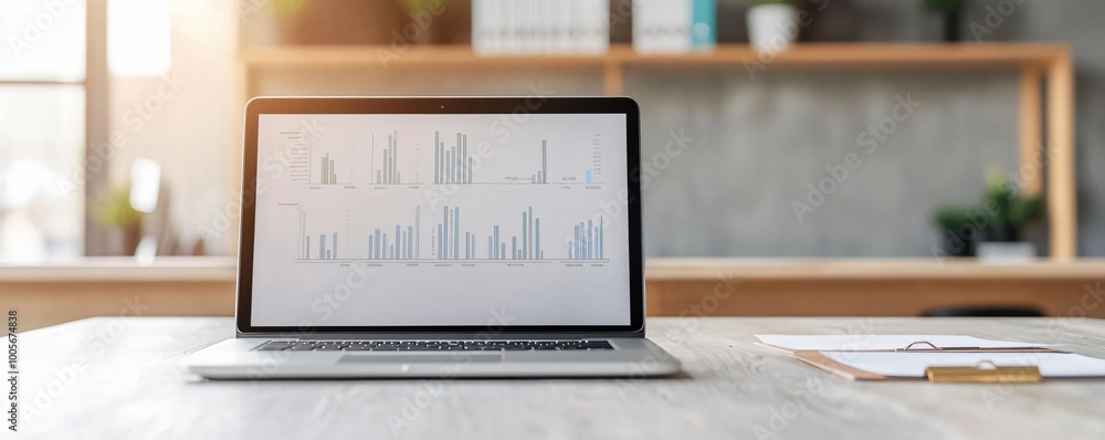 Poster a modern workspace featuring a laptop displaying data charts, perfect for business and productivity 