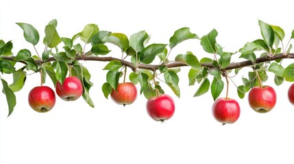 Obraz premium Branch of an apple tree loaded with bright red apples, hanging from green leaves, isolated on white