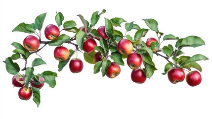 Obraz premium Branch of an apple tree loaded with bright red apples, hanging from green leaves, isolated on white