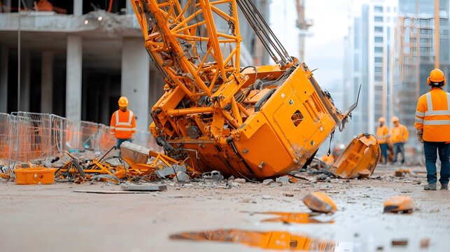 Aftermath of a Crane Toppling Over at a Construction Site with Broken Equipment Scattered Around the Scene