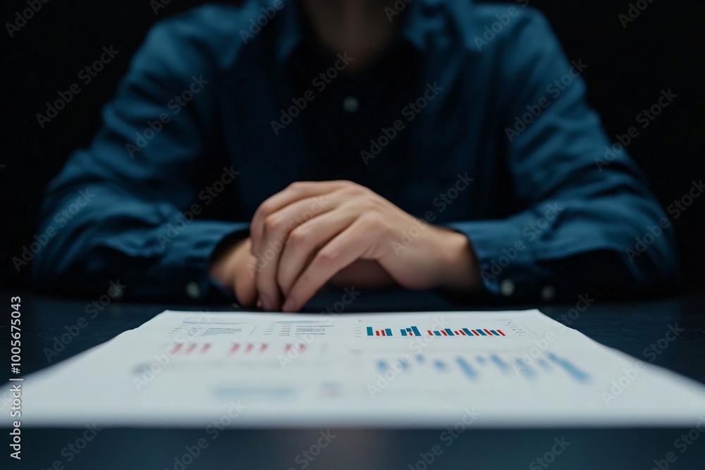 Poster a person analyzing financial data on a printed report, showcasing concepts of business and analysis 