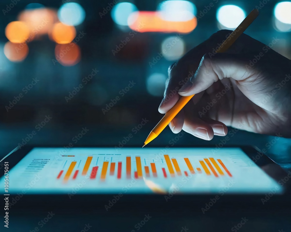 Poster a person analyzing data on a tablet with a stylus, showcasing vibrant graphs and statistics in a mod