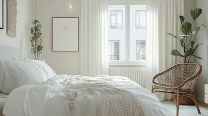 Bright Scandinavian bedroom with a Hygge touch, featuring clean lines, soft textiles, and an overall light and airy feel
