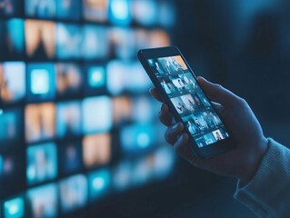 A person holding a smartphone with a gallery of images on a vibrant, illuminated screen in a digital environment.