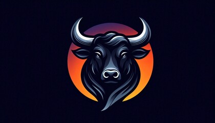 Fototapeta premium Black Bull Head Logo Design With Sunset Background