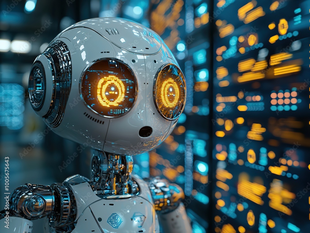 Poster a futuristic robot with glowing eyes stands in front of a server rack.