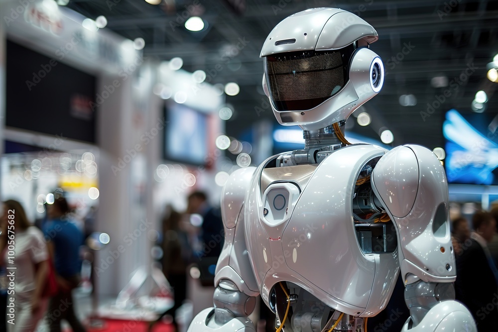 Aufkleber human-like robot at tech expo with curious crowd in background