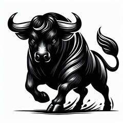 Obraz premium Black and White Bull Illustration Charging Strong Animal Vector Design
