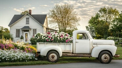 Classic white truck with a trunk full of lush spring flowers, placed beside a charming farmhouse with a blooming flower bed nearby
