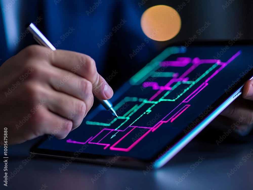 Poster a professional using a digital tablet to create innovative diagrams with bright colors, showcasing m