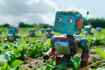 Fototapeta premium Cute farm robots working in field under blue sky