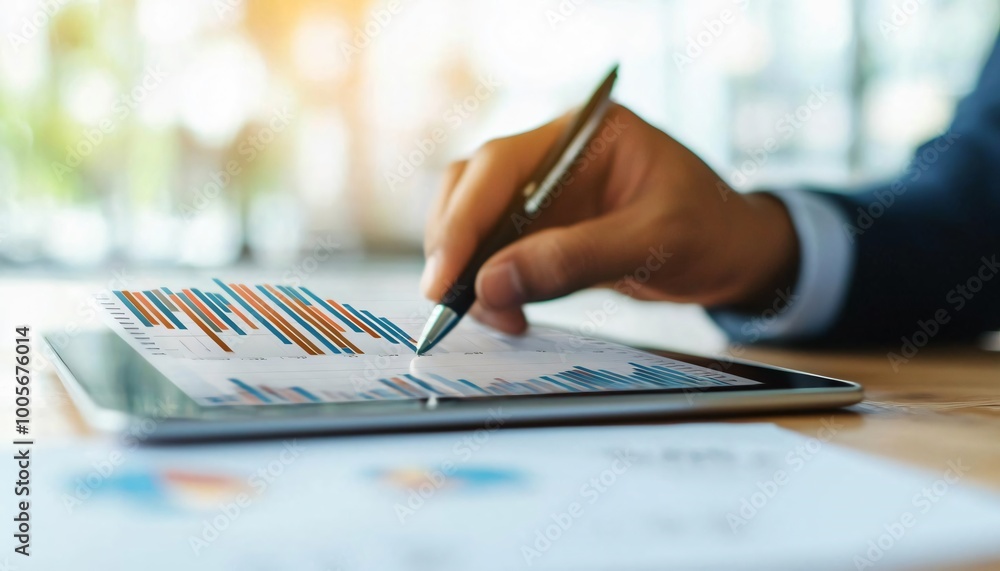 Poster a professional reviewing data on a tablet, using a pen to analyze graphs and charts in a modern offi