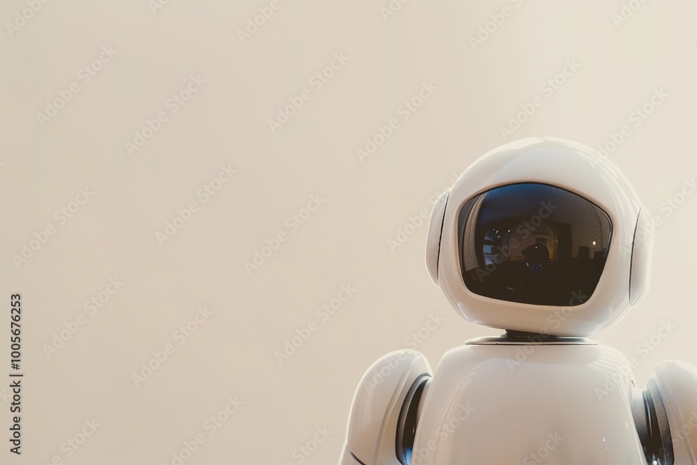 Poster friendly robot with large expressive eyes against light backgrou