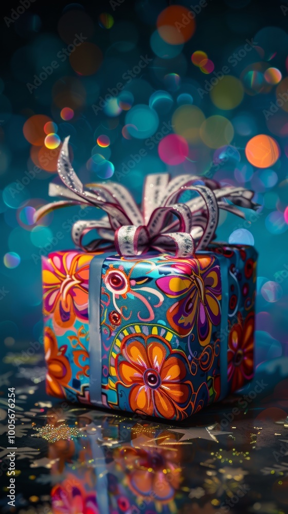 Poster conceptual design of a christmas present with vibrant and abstract patterns.