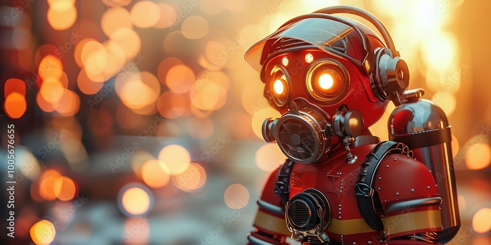 Poster red robot with glowing eyes in bokeh background