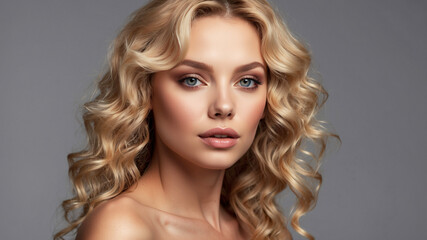 Fototapeta premium Curls and flawless makeup add to the allure of this glamorous blonde in a professional portrait setting.