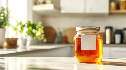 Glass jar filled with honey sitting on kitchen countertop